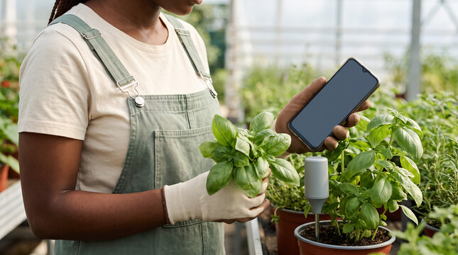 Worker holding basil plant and checking smart soil sensor data with mobile phone in greenhouse