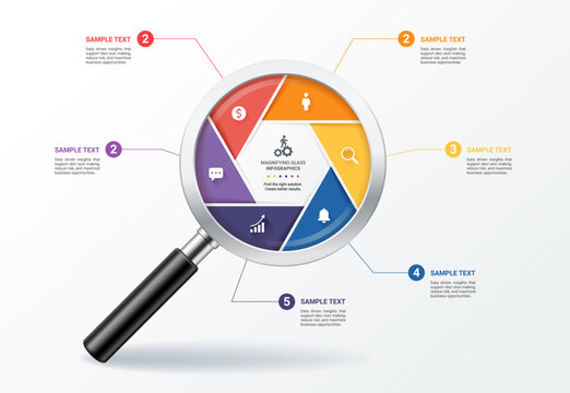 Magnifying Glass Infographic Template Background with Six Step Business Analysis and Strategy Process