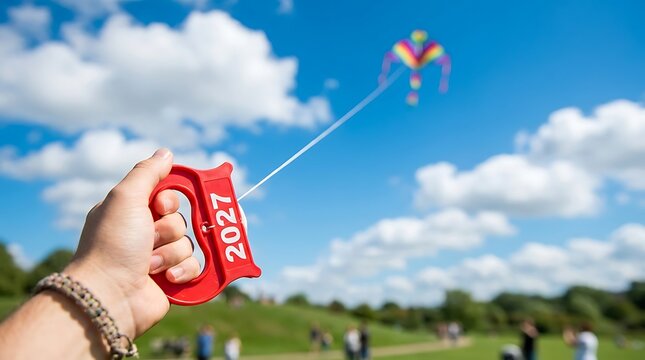 First person view of hand holding red kite string winder with 2027 text against blue sky
