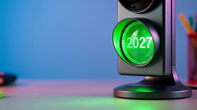 Glowing green traffic signal displaying 2027 representing progress and new goals for transition and future planning