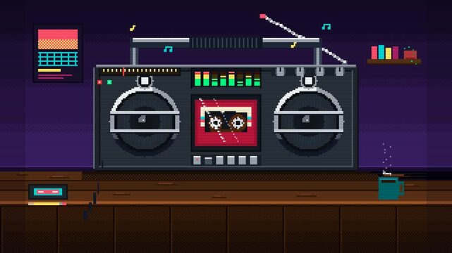 Vintage 80s Boombox Playing Cassette Tape with Flashing LED Equalizer Pixel Art Loop