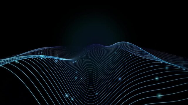 Abstract cyan glowing wave grid on dark background loop