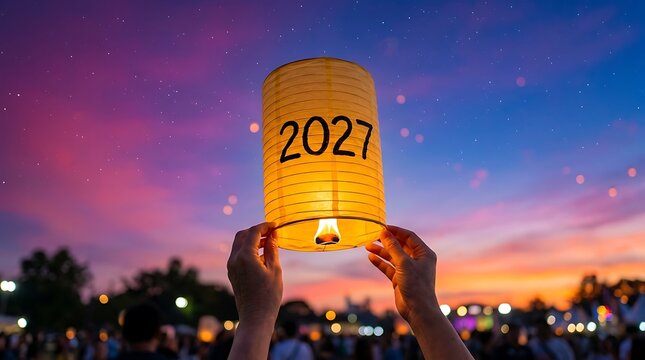 Floating sky lantern with 2027 inscription released during twilight festival symbolizing hope and future wishes