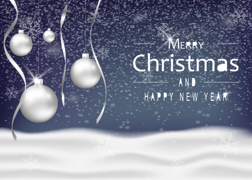Christmas and New Year greeting card with white baubles, silver ribbons, snowflakes and falling snow on a blue winter background with festive holiday typography. Vector illustration.