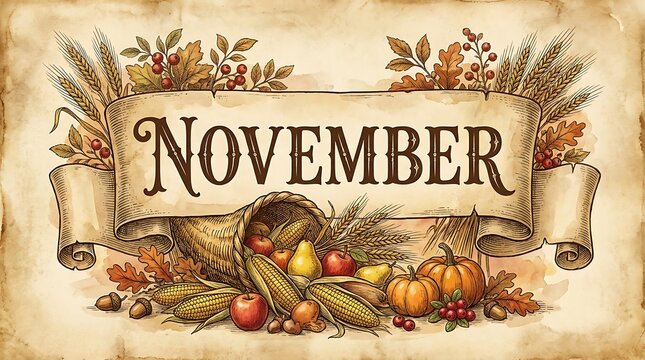 Vintage november harvest cornucopia illustration