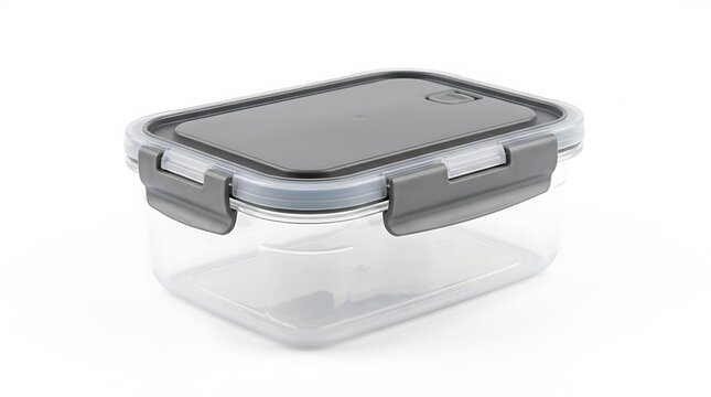 Clear rectangular food container with gray locking lid and air vent, isolated on white