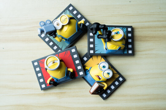 Bangkok, Thailand - September 7, 2026 : 52TOYS MINIONS and MONSTERS Action Series Fridge Magnet Blind Box Merch. 4 main Minion designs