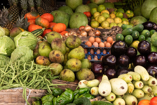 Abundant Fresh Produce Stall at a Local Market in Cotonou, Benin