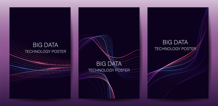Big Data Technology Banner Set With Futuristic Digital Wave with Glowing Particles and Network Lines for Corporate Science and Tech Posters