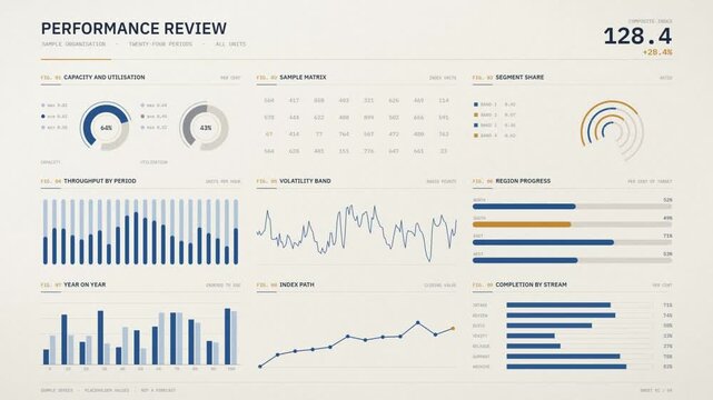 Business KPI Dashboard Animation With Capacity Gauges Throughput Bars And Region Progress Charts