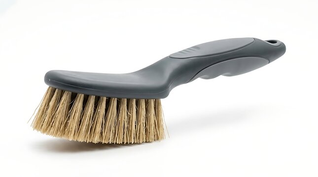 Dark gray and gray scrub brush with stiff bristles on white background, keywords: scrub brush
