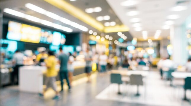 Blurred patrons and staff create a dynamic, bustling atmosphere inside a modern, vibrant fast food restaurant or lively food court setting
