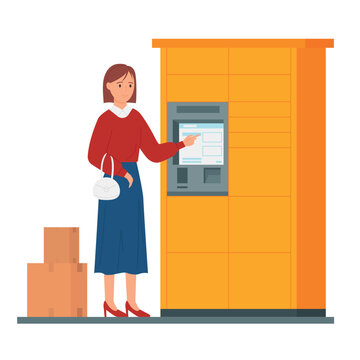 Cartoon woman using packstation in automat locker with display to receive or send parcels in paper boxes, delivery and storage of packages in postomat. Self service in post office vector illustration