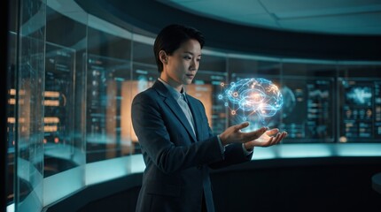 Fototapeta premium a professional woman holding a glowing digital hologram of a human brain and neural network in a futuristic control room.