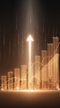Glowing upward arrow with rising bar chart data merged into city skyline at night