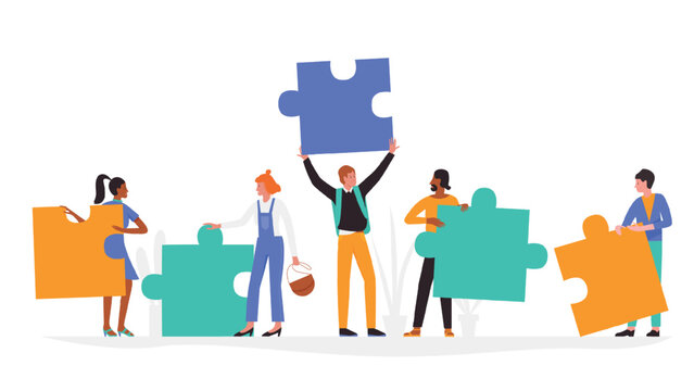 People with puzzle concept vector illustration. Cartoon man woman group of characters in casual clothing, holding puzzle jigsaw pieces, standing and communicating, communication isolated on white