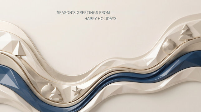 Season's Greetings card with abstract beige and blue waves, trees, and ornaments.