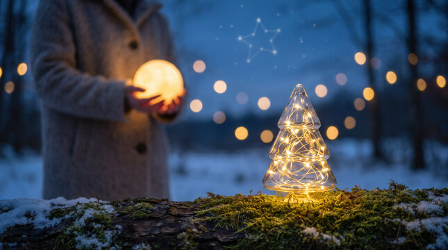 Magical Christmas scene with glowing glass tree and person holding orb