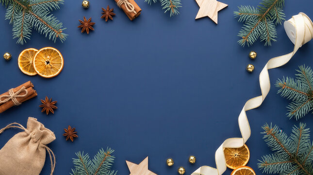 Christmas flat lay frame with pine branches, dried oranges, and ribbon on blue background.