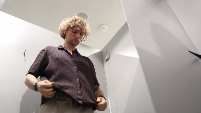 Man pauses to think while checking how his shirt fits looking upward with an uncertain expression as he considers the style comfort and whether to keep the item in stores