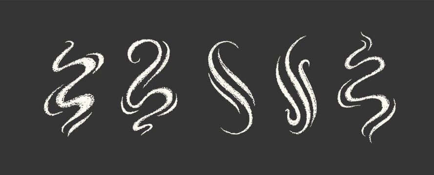 Crayon sketch of smoke and steam above hot coffee or water. Hand drawn chalk icons of wind, smell or vapor in cold air. Smoke swirls, flows of steam from hot tea, vector illustration