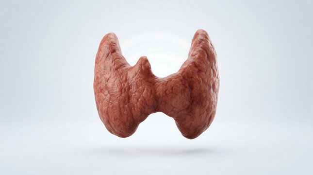 Anatomical model of human thyroid gland isolated on light background showing butterfly shaped lobes isthmus and endocrine structure