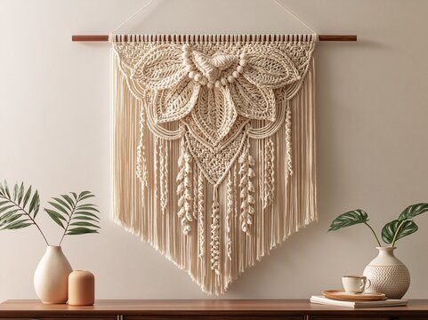 Intricate Cream Macrame Wall Hanging with Floral Design, Boho Chic Home Decor Accent