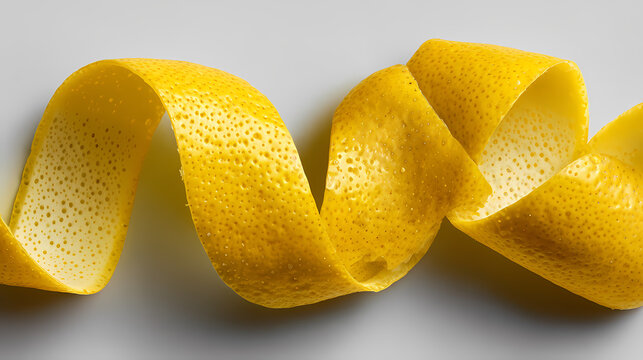 Lemon peel spiral twist lies flat against a plain grey studio background with soft lighting.