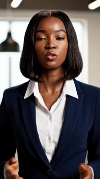 Professional Woman in Suit Displaying Confidence and Approachability in Modern Office Setting with Warm Smile and Engaging Presence