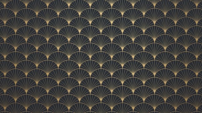 Gold fan geometric pattern wallpaper with dark navy blue background and luxury art deco style