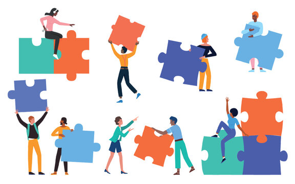 People building creative puzzle concept vector illustration. Cartoon man woman group of characters wearing casual clothes, holding puzzle jigsaw pieces to create success idea startup background