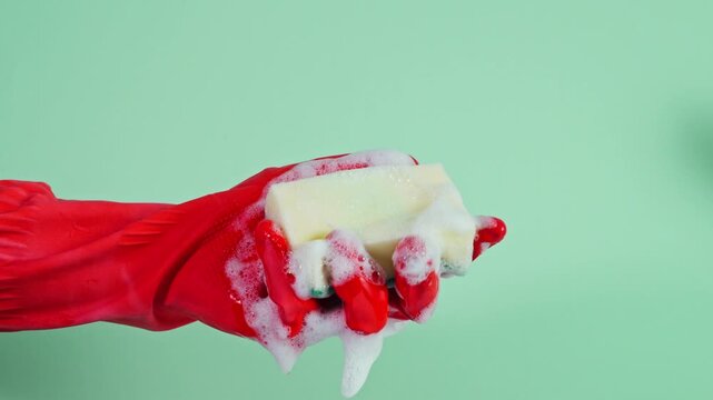 Red gloved hand squishing kitchen sponge full of soapy lather on pastel green background
