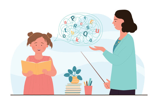 Cartoon teacher character teaching little girl to practice correct speech articulation, training pronunciation support and counseling by therapist. Speech therapy lesson for kid vector illustration.