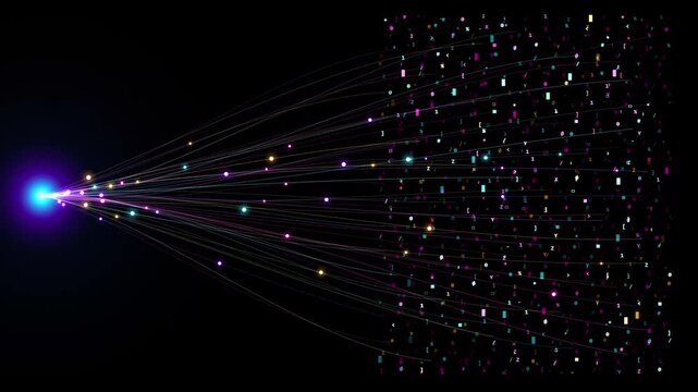 Abstract digital network connection with a glowing blue light source and many small colorful dots on a black background