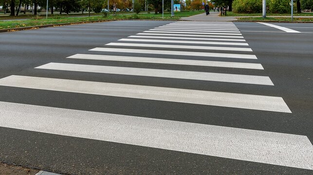 A clear, wide pedestrian crossing with white stripes on asphalt road in a park setting with trees and people in the distance.