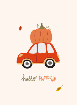 Red Car Carrying Pumpkin for Autumn Hand-Drawn Illustration