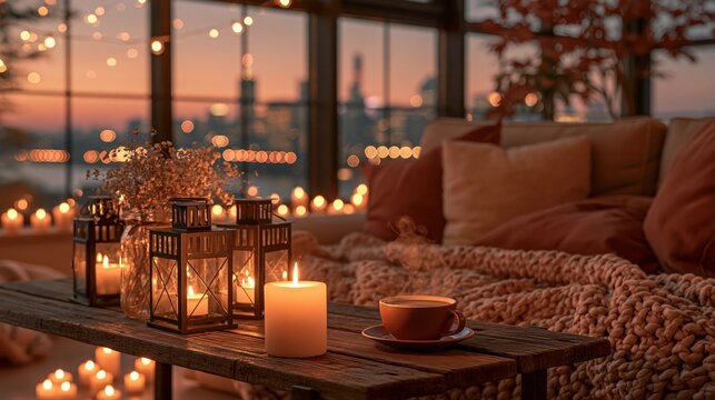 Cozy autumn evening scene with glowing candles, warm blankets, and a cup of coffee overlooking city lights
