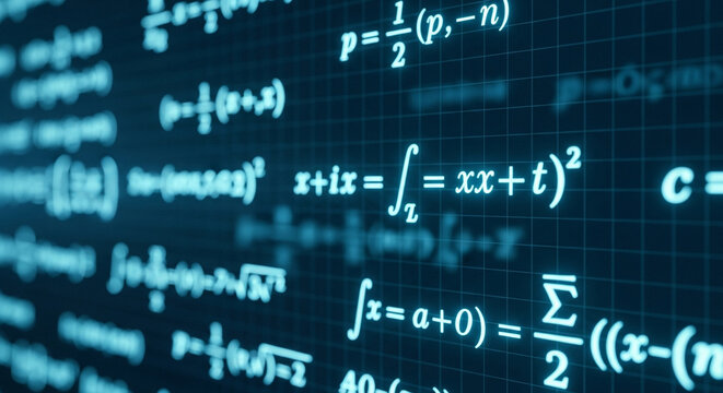 Complex mathematical equations on digital background