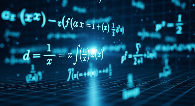 Complex mathematical formulas glowing digital background