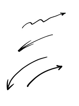 Set of four hand drawn black ink arrows with different shapes and directions for pointing and highlighting