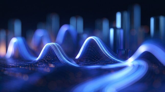 Futuristic Glowing Blue Data Waves and Digital Network