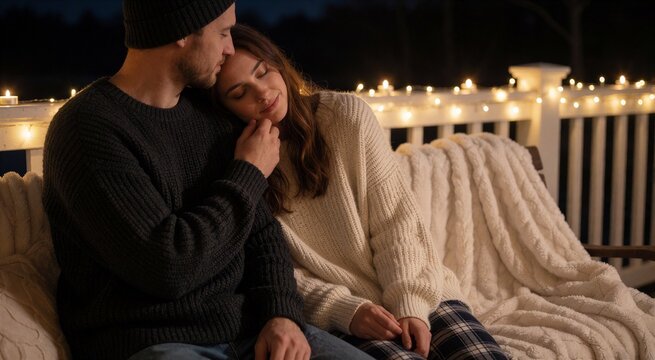 Romantic Christmas celebration featuring a couple cuddling under warm fairy lights on an outdoor bench.