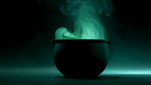 Mysterious glowing green potion bubbling in a cauldron with smoke