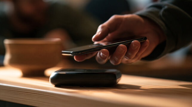 Customer Making Contactless Payment with Smartphone at Counter