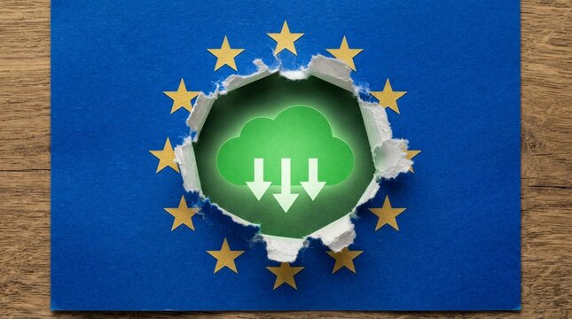 Green cloud download icon visible through a circular ripped hole in the center of a blue European Union paper flag with golden stars on wood