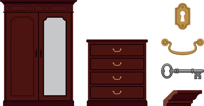 Vintage Wooden Furniture and Antique Hardware Vector Set Featuring Wardrobe with Mirror Chest of Drawers Keyhole Plate Handle and Skeleton Key
