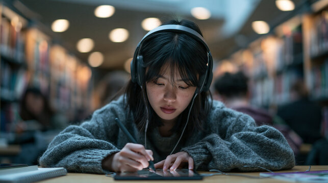 Asian Student with Headphones Studying with Digital Tablet in Library
