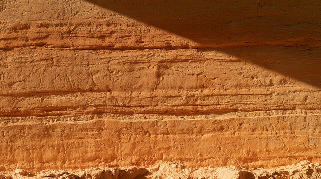 Rammed earth wall showing horizontal compacted layers in warm ochre and sand tones