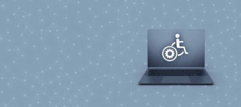 A modern laptop with an accessibility icon on the screen stands on a blue background with a digital network pattern, offering copy space for enterprise campaigns.