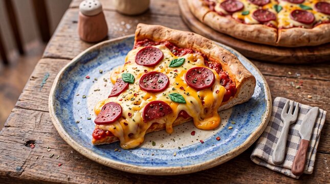 Slice of Pepperoni Pizza with Melted Cheese on Plate
